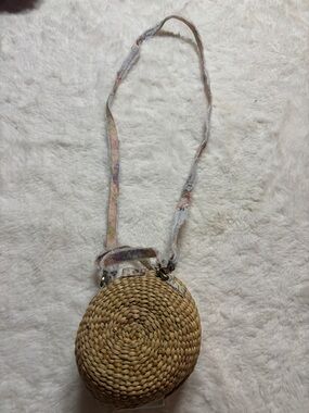 LoveShackFancy Natural Woven Round Crossbody with Pastel Strap